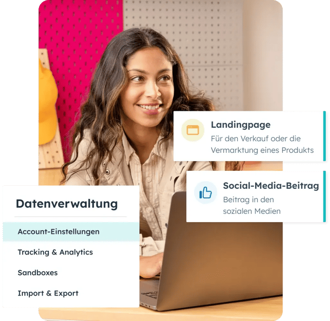Frau mit Laptop und Textfeldern mit allen Funktionen zur Datenverwaltung: Account-Standardeinstellungen, Tracking und Analytics, Sandboxes, Import und Export, Landingpages und Beiträge für Social Media.