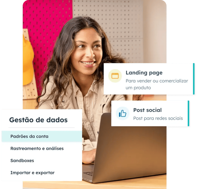 Mulher com laptop e caixas de texto mostrando gerenciamento de dados: padrões de conta, rastreamento e análise, sandboxes, importação e exportação; landing pages e postagens sociais.