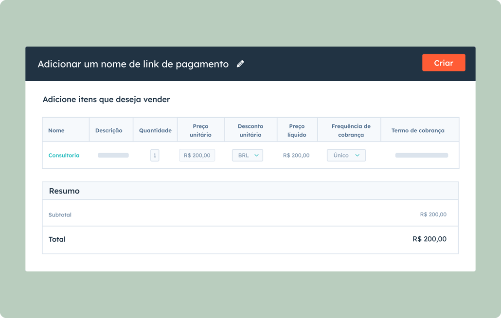 Exemplo de finalização de compra com links de pagamento da HubSpot