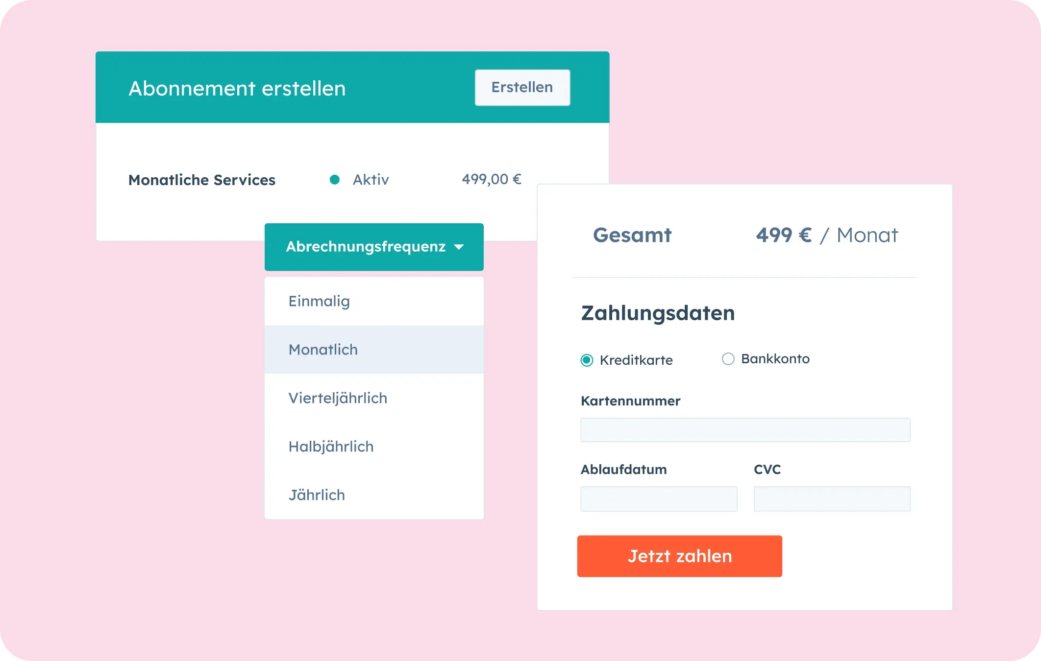 Commerce Hub-Benutzeroberfläche zeigt Abonnements an