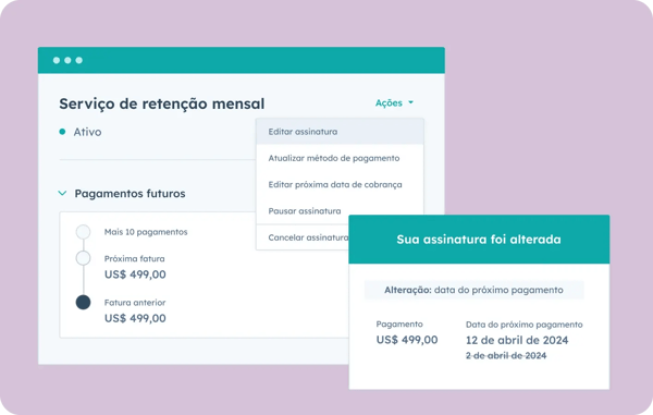 captura de tela mostra como criar, editar e fazer a gestão de assinaturas pela HubSpot