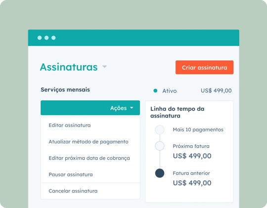 captura de tela mostra serviço de assinaturas e como ele funcionará no Commerce Hub da HubSpot