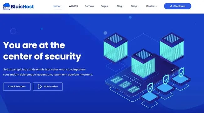 Dark mode demo of web hosting WordPress theme BluisHost
