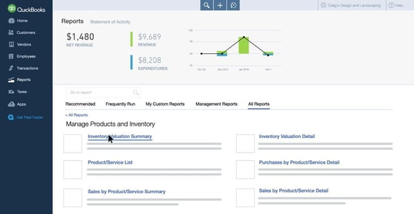 Dashboard view of the QuickBooks Inventory