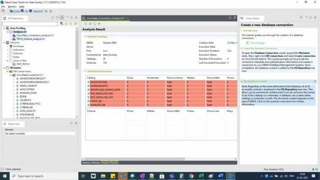 Talend Open Studio UI showing results of data profiling analysis