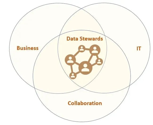 Graphic illustrating data steward's role as a bridge between the business and IT sides of an enterprise