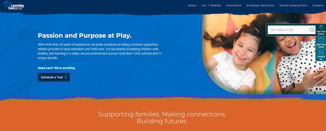 homepage for the daycare website learning care group