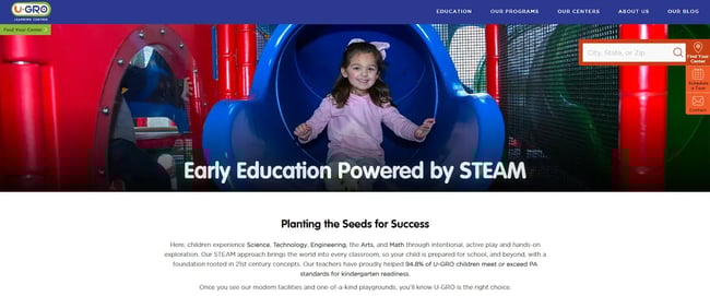 homepage for the daycare website U-Gro learning centers