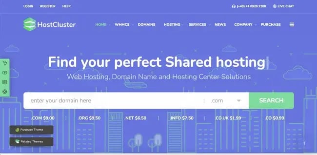 Default demo of web hosting WordPress theme HostCluster