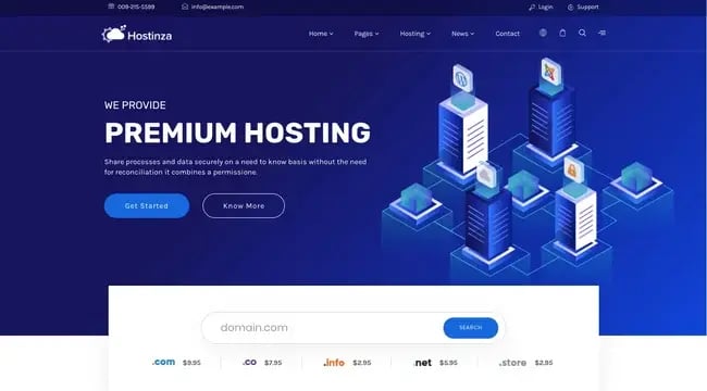 Default demo of web hosting WordPress theme Hostinza includes search box for domain names