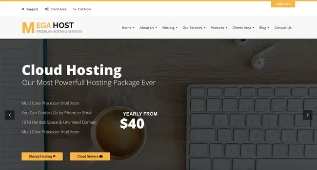 Default demo of web hosting WordPress theme MegaHost