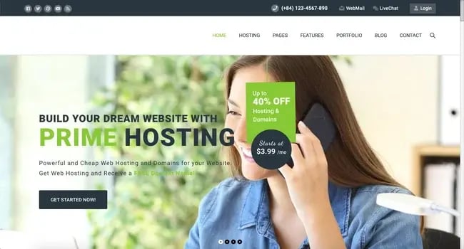 Default demo of web hosting WordPress theme Prime Hosting