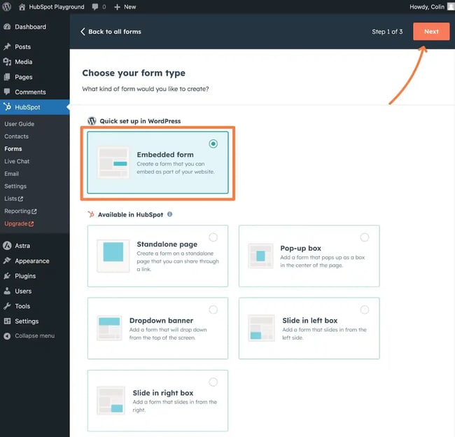 Different WordPress newsletter signup form types in HubSpot