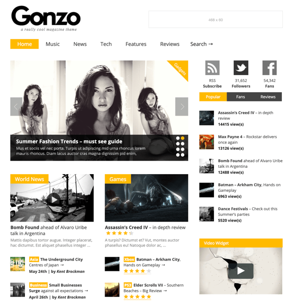 Demo homepage of Gonzo Magazine theme with user star ratings displayed