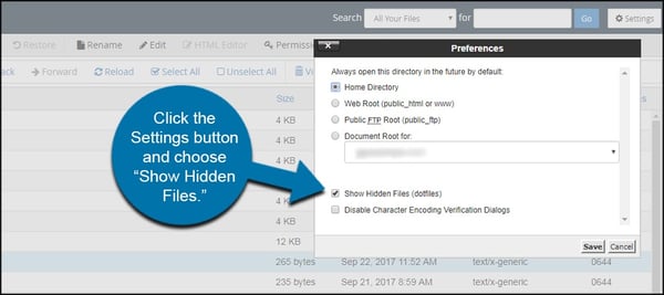 Preferences box showing the checkbox labelled "Show Hidden Files"