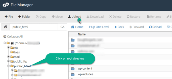 Click on the public_html folder and then click upload to move files to the root directory of your site