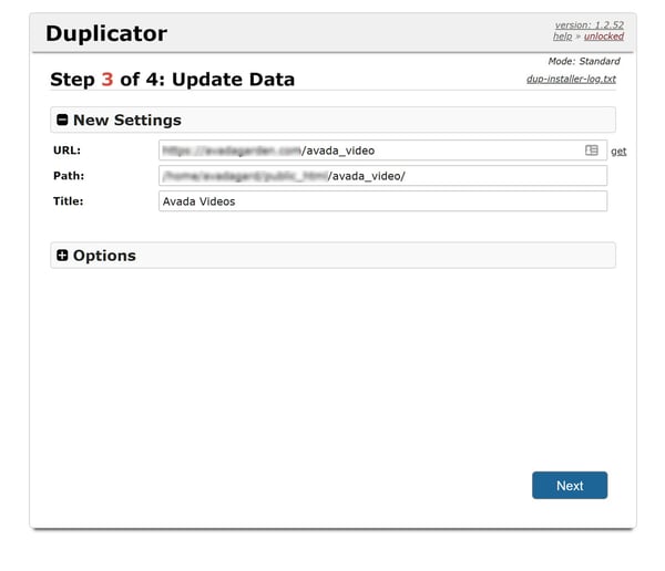 Another step in Duplicator installer wizard prompts user to verify data