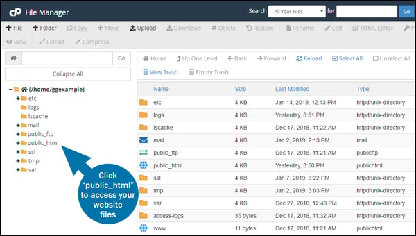 The public_html folder is located on the left navigation menu of your File Manager