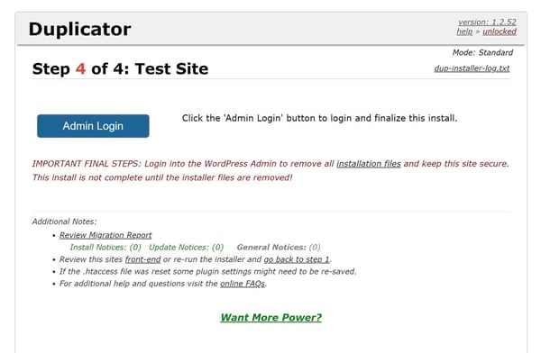 Final step of duplicator installer wizard prompts user to login to WordPress dashboard