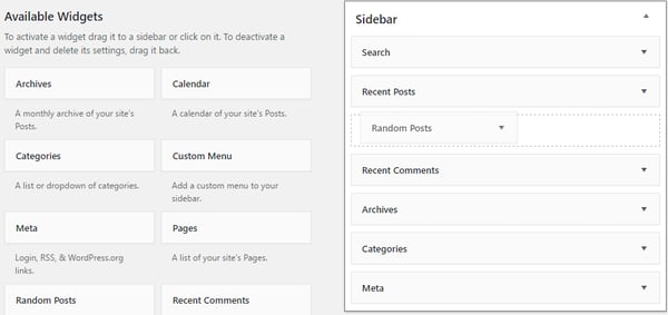 Random Posts Widget being dragged to sidebar in WordPress dashboard