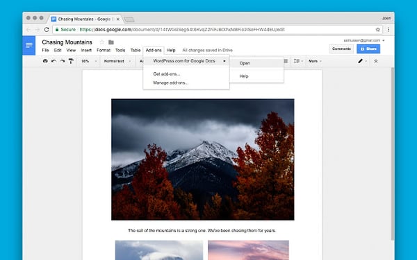 Click Add-ons > WordPress.com for Google Docs > Open to authorize the WordPress.com add-on to access your WordPress site