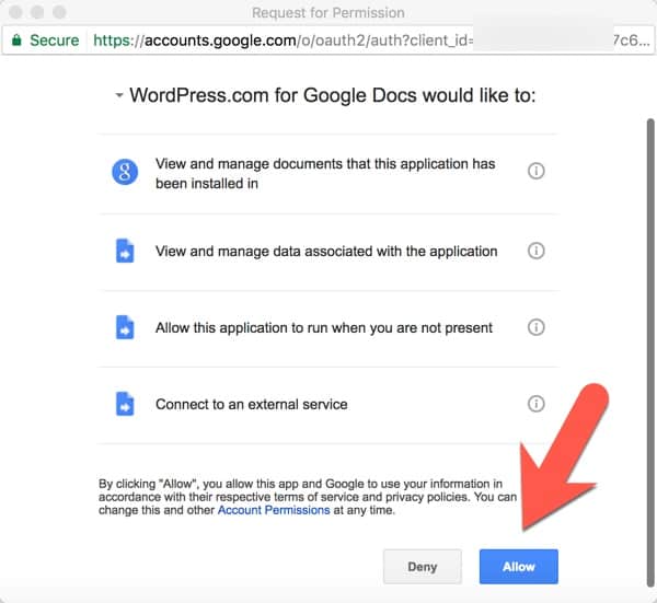 Click allow to give the WordPress.com add-on permission to access your documents in Google Drive