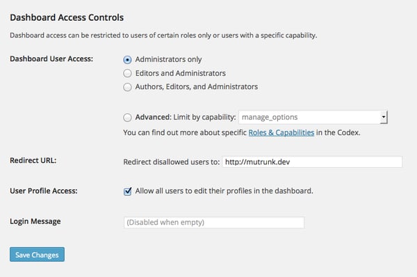 Go to Settings > Dashboard Access to configure the Remove Dashboard Access plugin