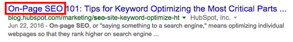 Search engine result link with a keyword-optimized title