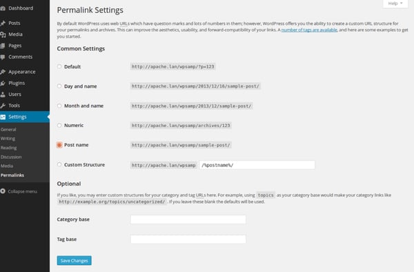 To optimize your permalink structure for search engines and readers, navigate to Settings > Permalink and select the option marked “Post Name”