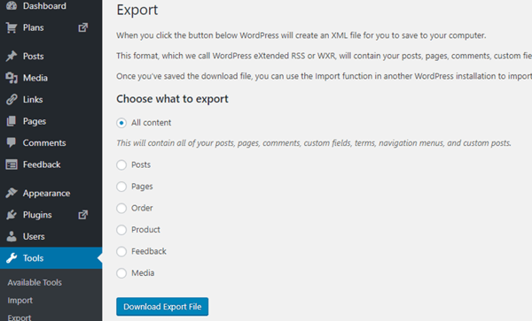 Select the content you want to export and click the Download Export File button