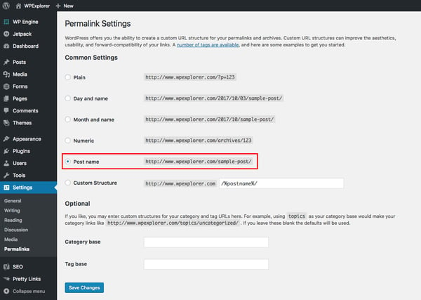 To change the permalink structure of your site, navigate to Settings > Permalinks and select “Post Name.”