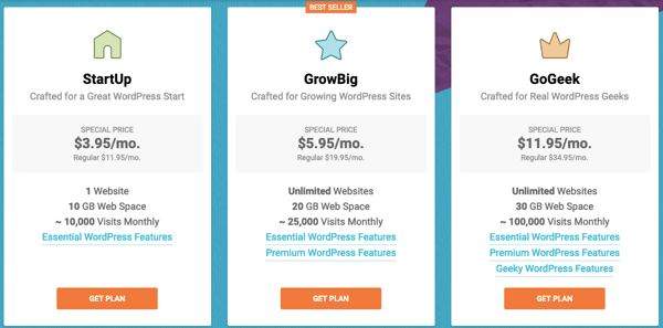 SiteGround offers three hosting packages: StartUp, GrowBig, and GoGeek