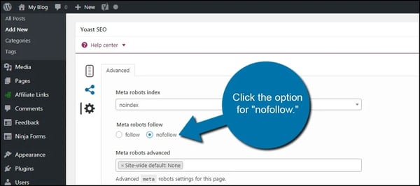 select Noindex from the drop-down menu under “Meta robots index" in Yoast SEO plugin settings