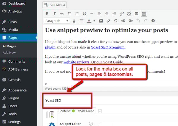 the Yoast SEO meta box is below the post editor
