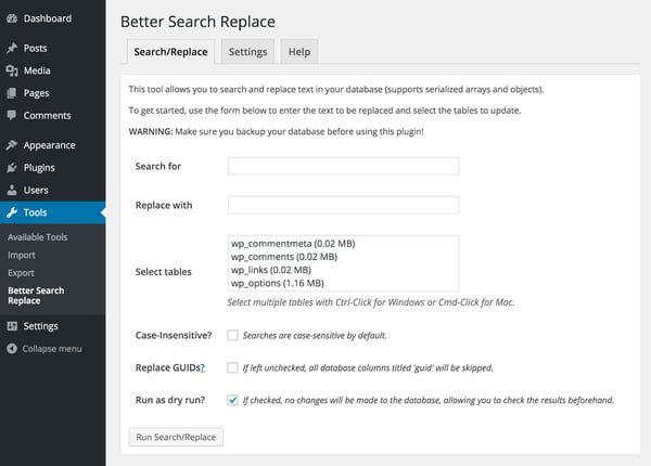 User checked off "run as dry run" in Better Search Replace settings to see how many tables would be affected before actually replacing the text