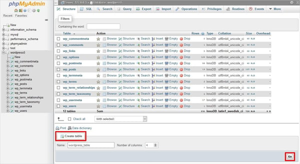 Display of tables in the Structure tab of a phpMyAdmin database