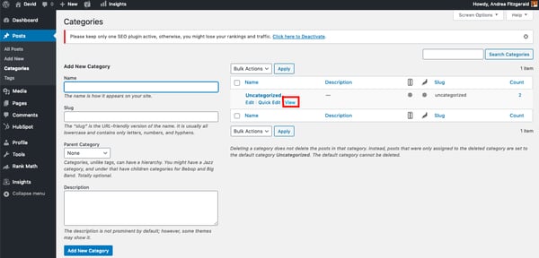 WordPress user hovering over "Uncategorized" category to view and inspect its HTML output and CSS stylesheet