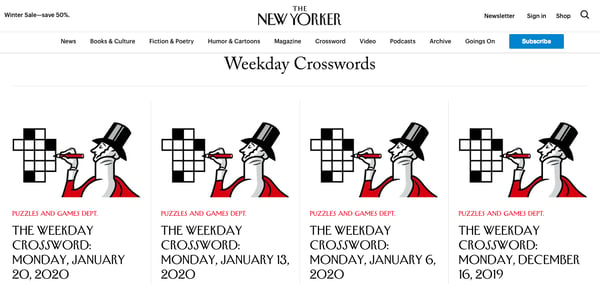 The Crosswords category page on The New Yorker website
