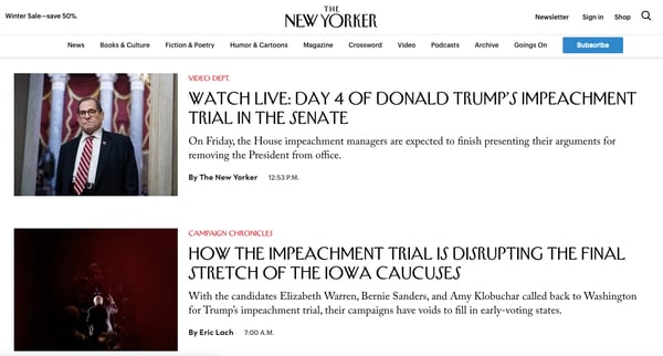 News category page on The New Yorker website