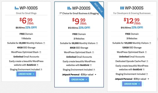 Key features of three InMotions managed hosting packages