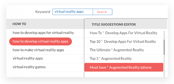 KeywordXP's auto-generated title suggestions for keyword phrase "virtual reality apps"