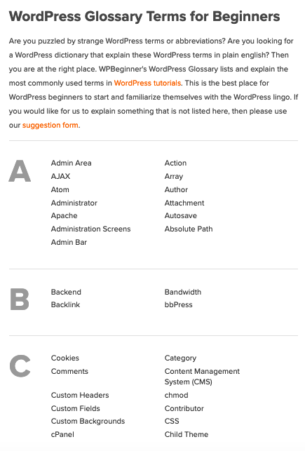 Listings from A-C in WPBeginner's WordPress Glossary Terms for Beginners