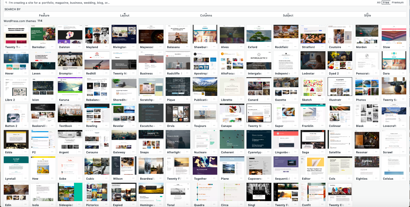 The 111 free themes available in the WordPress.com directory
