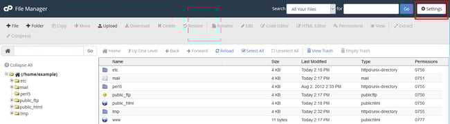 Click Settings button in cPanel to show hidden default htaccess file in WordPress
