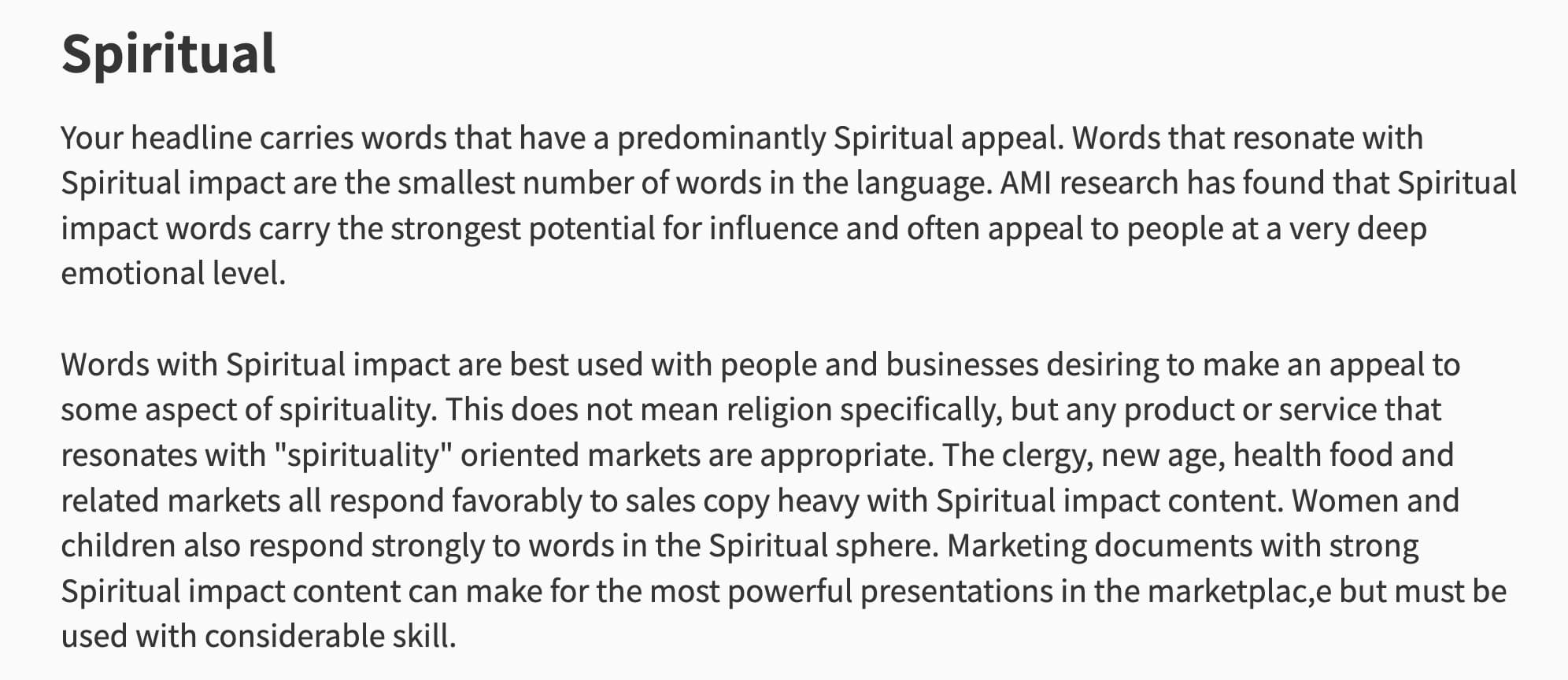 Your headline carries words that have a predominantly spiritual appeal.