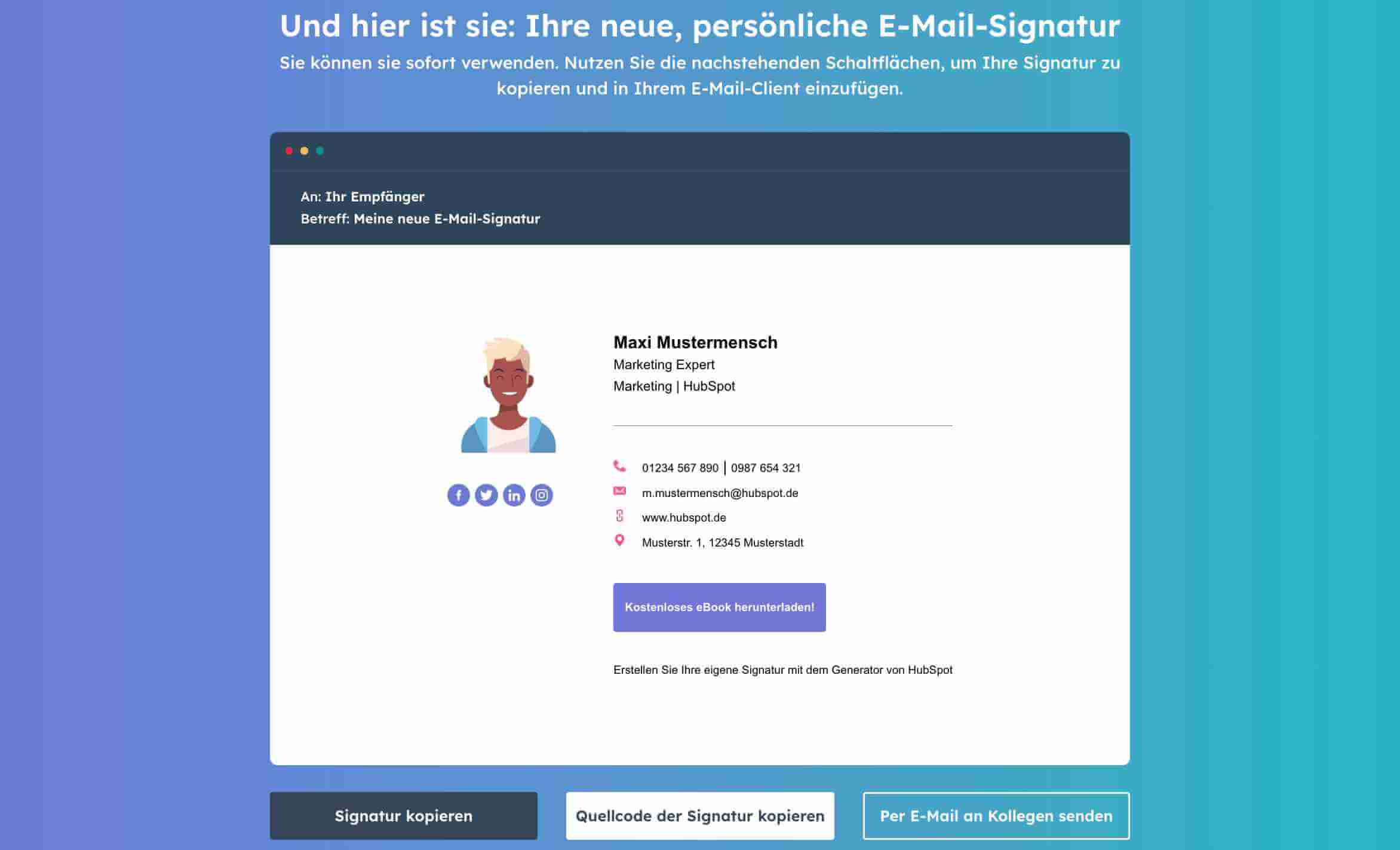 Fertige Thunderbird E-Mail-Signatur mit Hubspot Signatur Generator