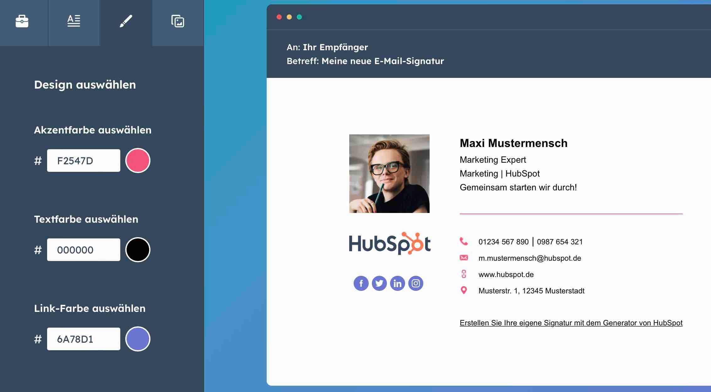 Thunderbird-Signatur erstellen mit HubSpot E-Mail-Signatur-Generator Farben auswählen