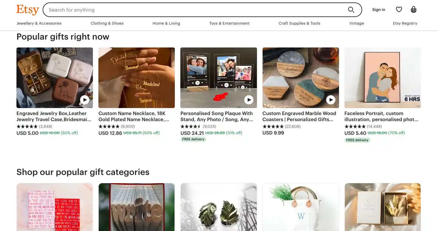 ETSY dynamic website examples