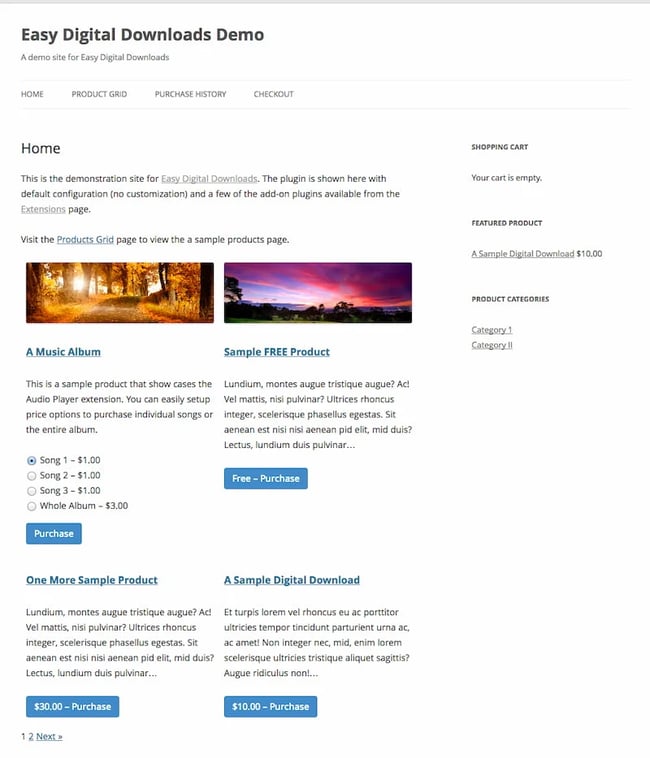 Ecommerce store selling digital downloads created via Easy Digital Downloads plugin