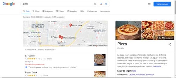 Ejemplo de SERP para la búsqueda «pizza»